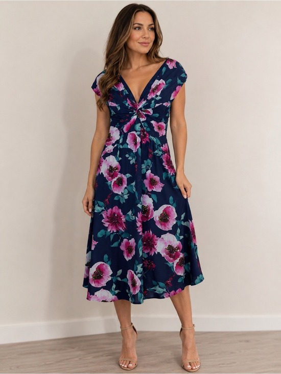 Adrianna Papell Dresses & Skirts - NWT Adrianna Papell Floral Front Twist Midi Dress Navy Pink Size 10